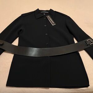 Linda Allard Ellen Tracy Wool Knit Sweater Jacket w Leather Belt